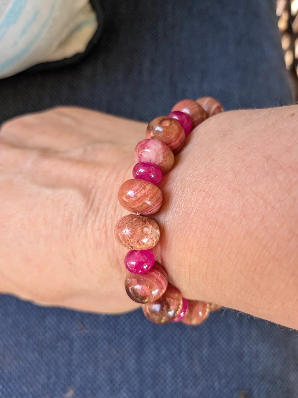 Handmade Rhodochrosite and Pink Jade Beaded Stretch Bracelet